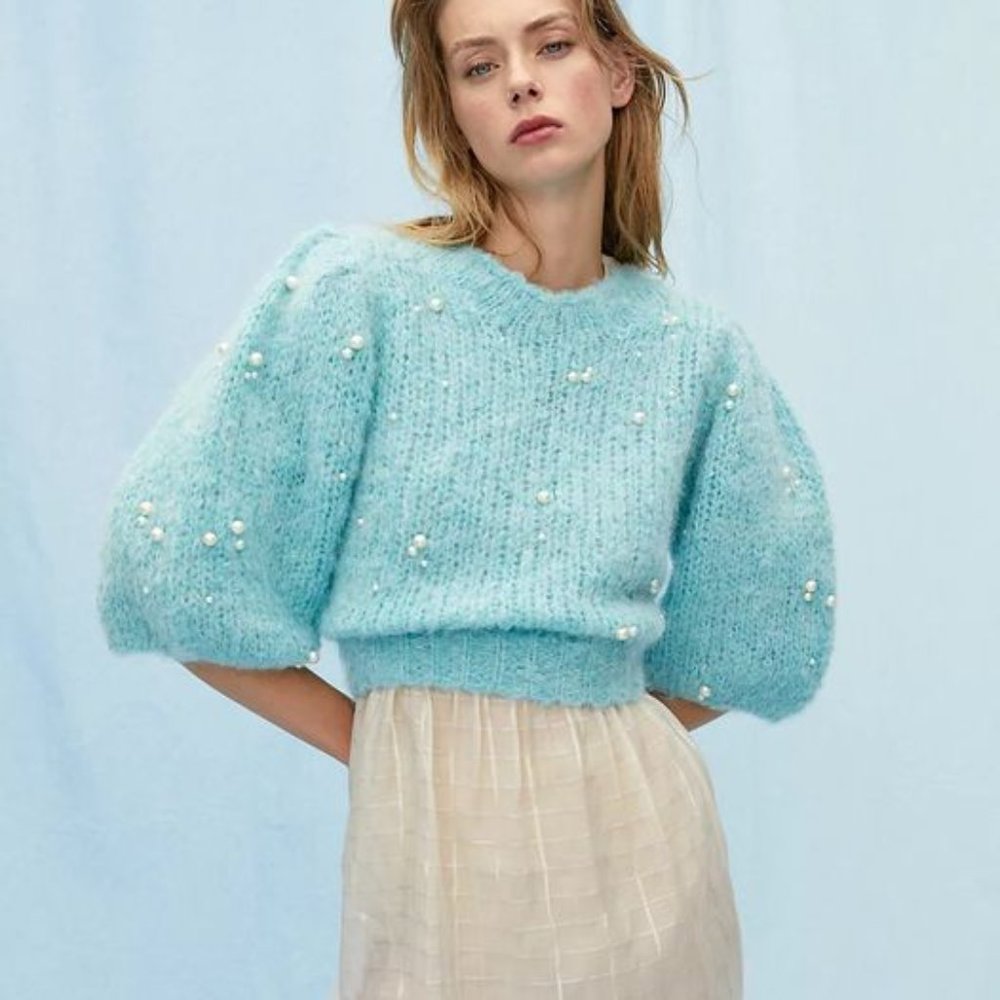 Light Blue Pearl-Embellished Mohair Blend Sweater